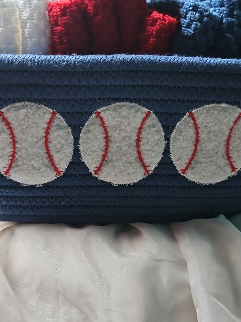 Blue Baseball Rope Basket with Red, White & Blue Washcloths - Picture 4 of 6